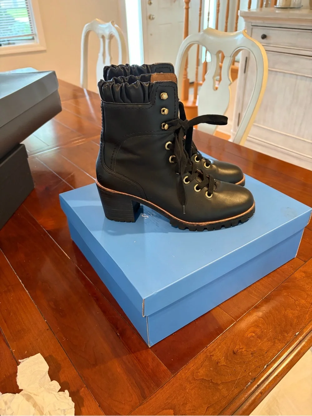 Jack Rogers Black Lace-Up Combat Booties with Brown Trim